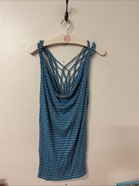 bebe Blue and Gray Striped Tank with Macramé Back Y2K